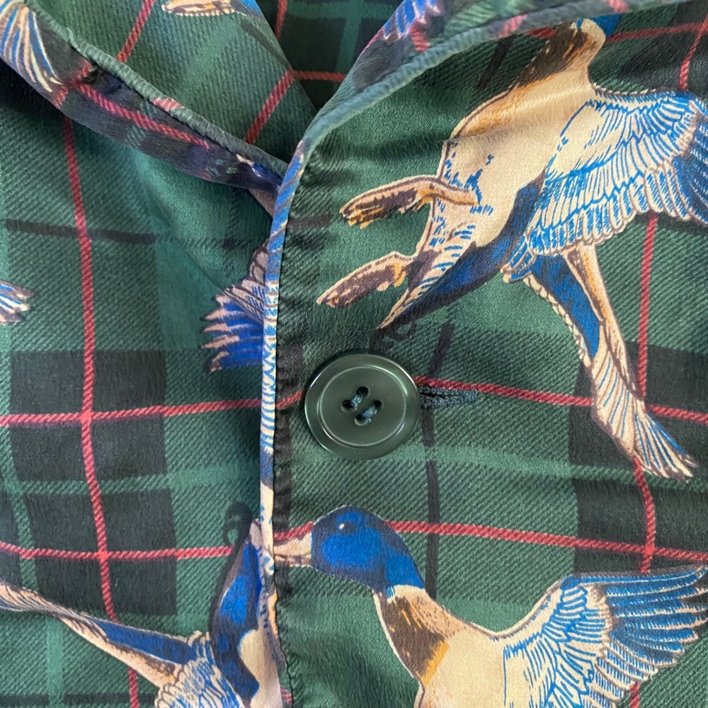 Joe Boxer Vintage 100% Silk Pajama Sleep shirt Green Plaid Mallard Duck Print - Picture 8 of 9